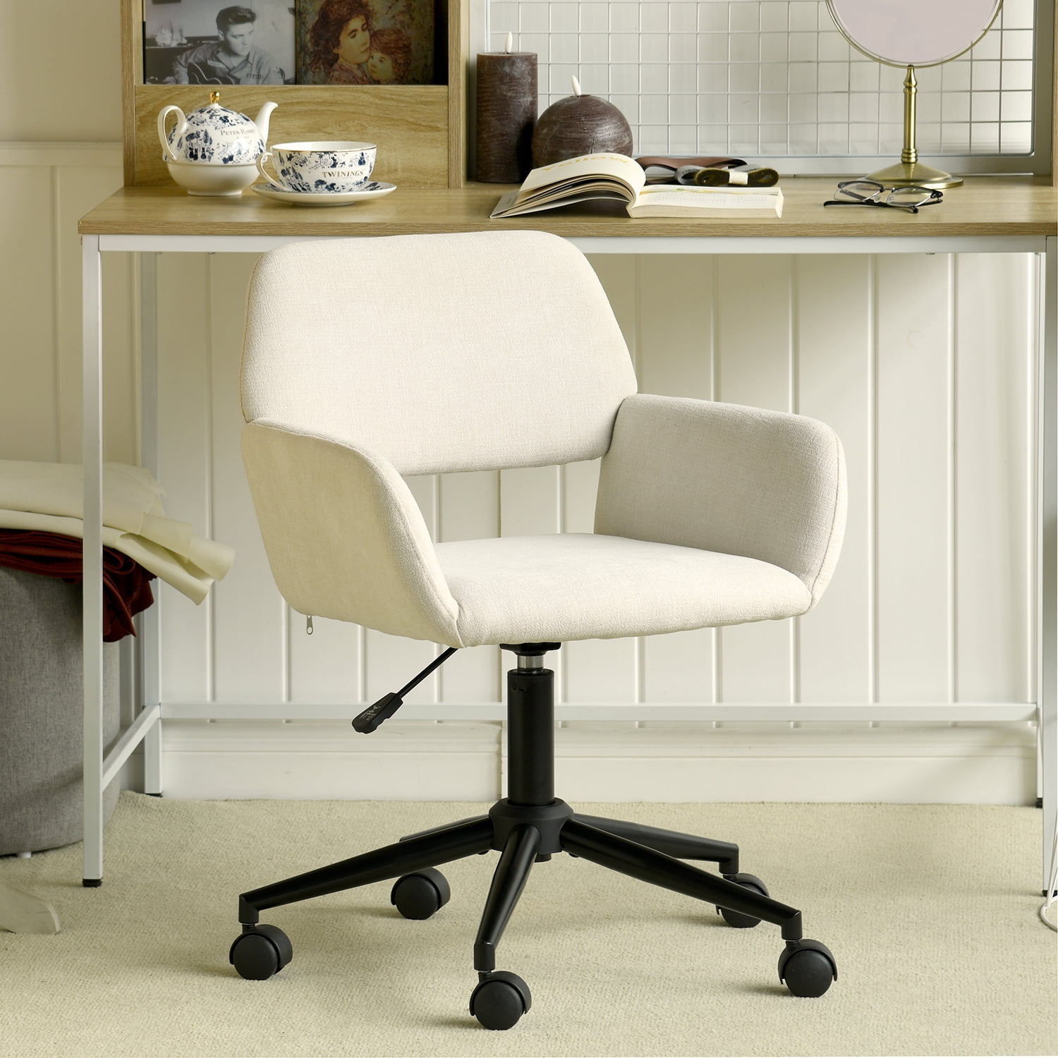 Adjustable Mid-Back Desk Chair, 360° Swivel Rolling Fabric Task Chair, Beige Ergonomic Chair for Home Office Vanity Bedroom Living Room