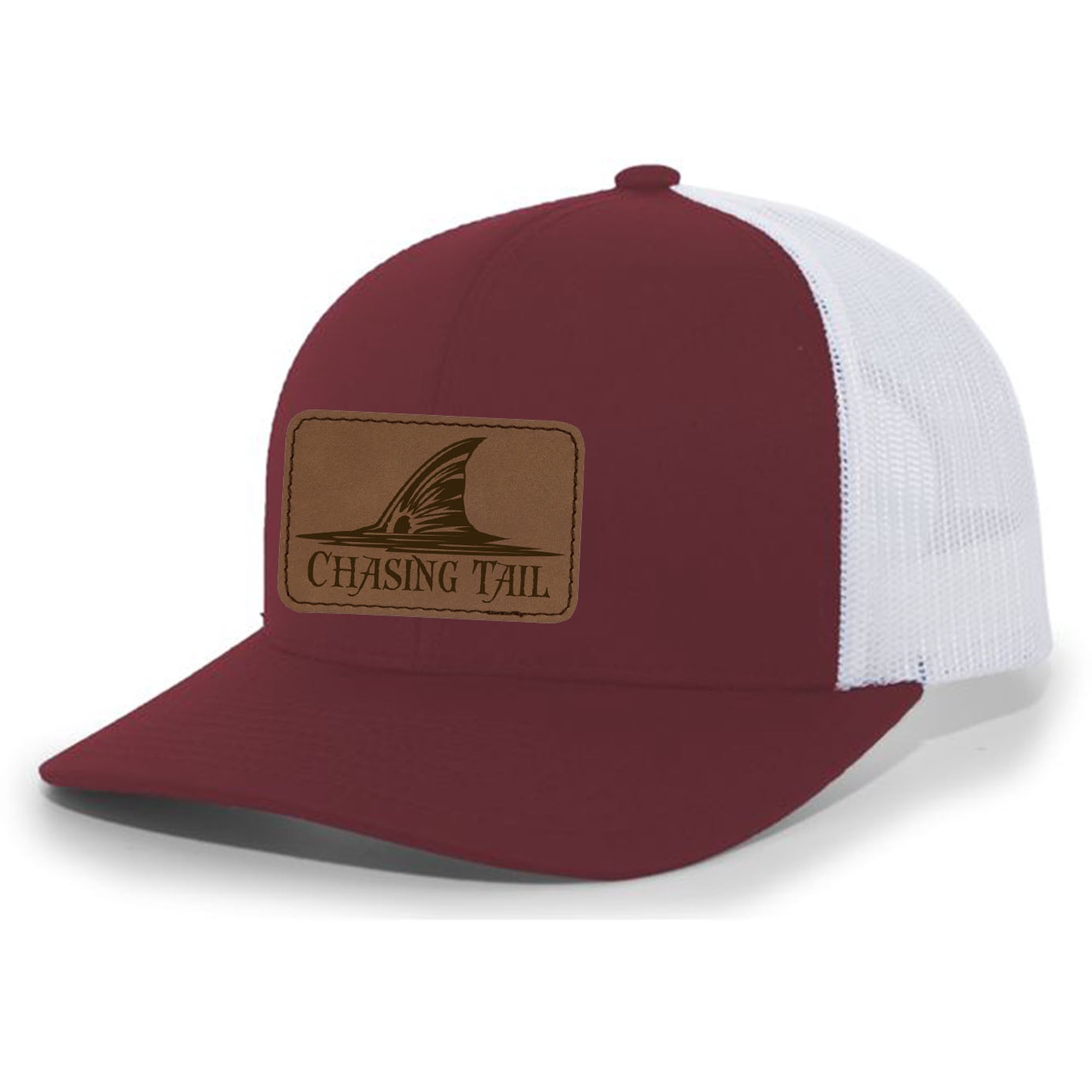 Heritage Pride Chasing Tail Fish Laser Engraved Leather Mens Trucker Hat Baseball Cap, Cardinal/White