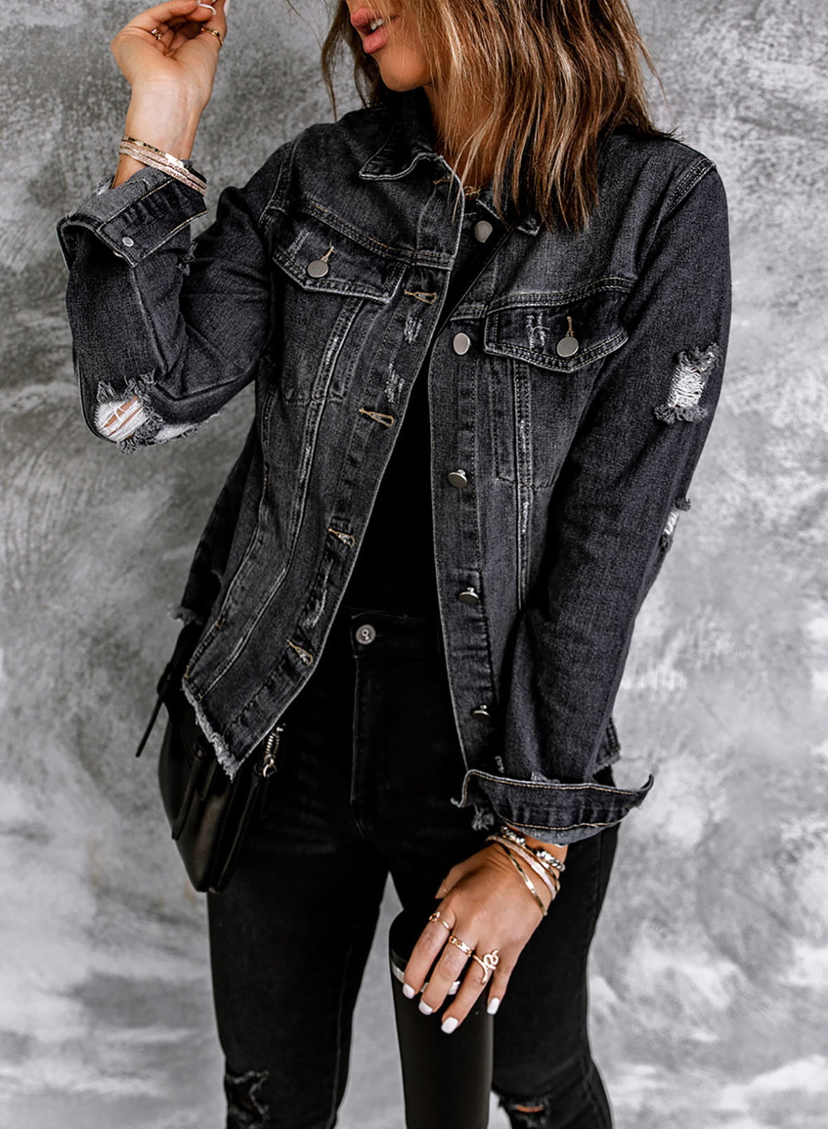 Eytino Women's Oversized Denim Jacket Casual Long Boyfriend Distresse Jean  Jacket Female S Black