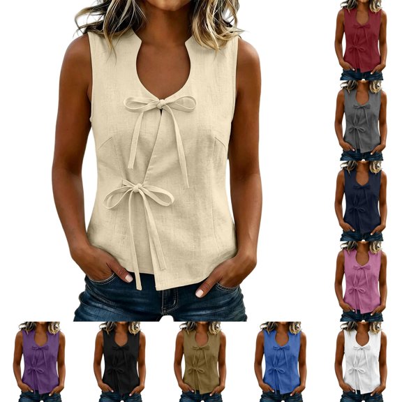 SwiftWear Women's Bow Front Tie Cute Tank Tops Cotton Linen Cami Sleeveless Summer Tops Casual Everyday Outfits