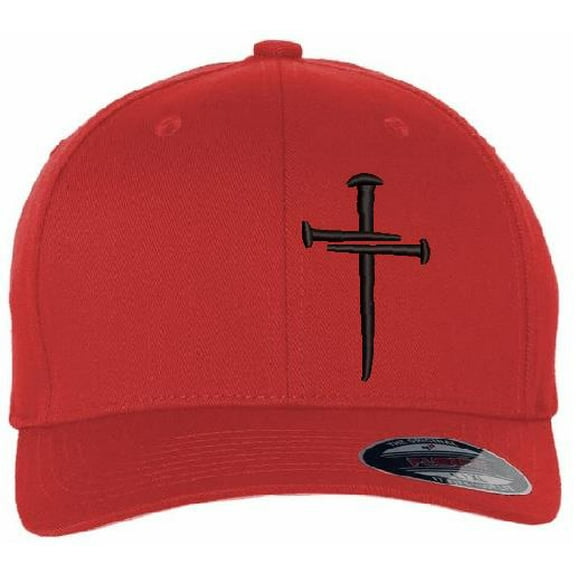 Christian Hats for Men Women Jesus 3 Nail Cross Hat RED FLEX FIT S/M with a Free 4" Decal