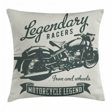 Motorcycle Throw Pillow Cushion Cover, Cruiser Bike Sketch with Hand Lettering Legendary Racers Quote, Decorative Square Accent Pillow Case, 16 X 16 Inches, Pale Sage Green Dark Green, by