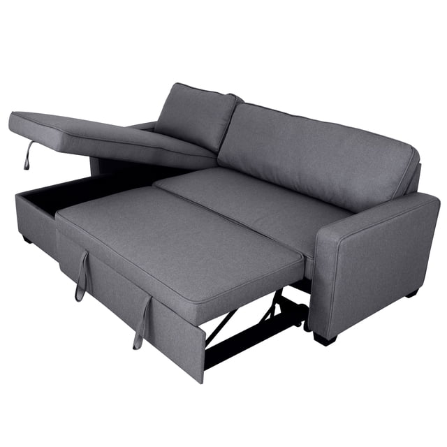 sofá cama modway gris oxford, vista 3/4 frontal desplegado con compartimento de almacenamiento abierto; tapicería gris Oxford de poliéster, relleno de espuma y estructura en madera de pino visible en el mecanismo metálico, brazos rectos y tiras de tela para tirar al desplegar; diseño minimalista para sala y uso como cama extra, también suele usarse para hospedar visitas ocasionales.