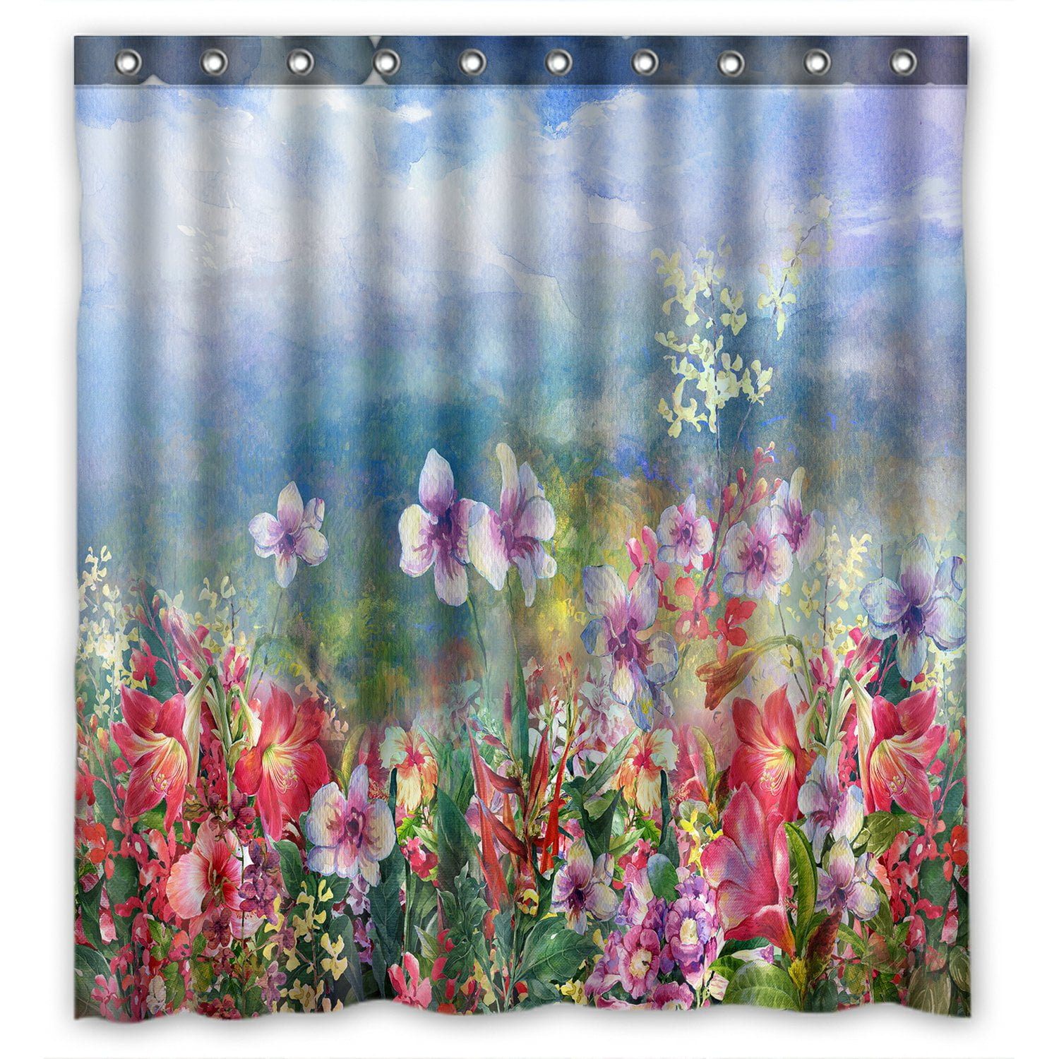 PHFZK Landscape of Multicolored Flowers Shower Curtain, Watercolor