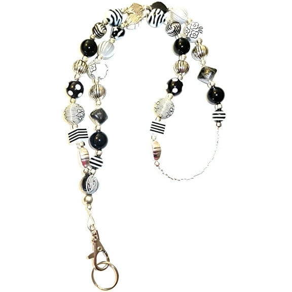 Black & White Chunky Style Fashion Women's Beaded Lanyard 34", Breakaway and Non Breakaway Available, for Keys, Badge Holder