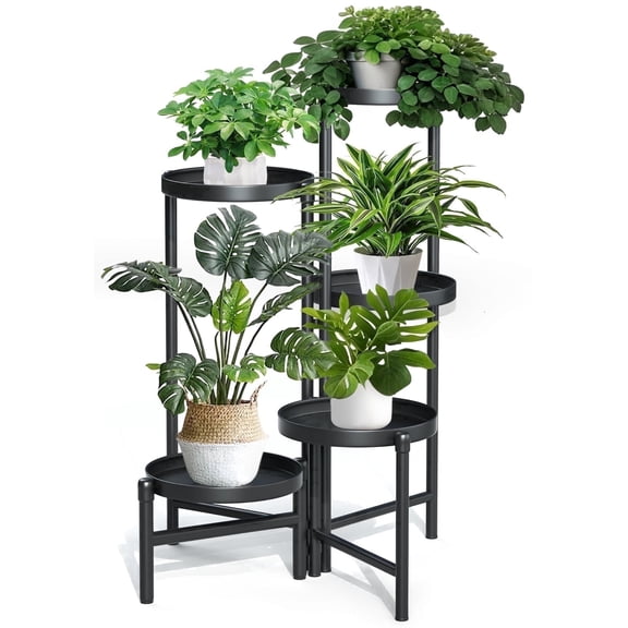 UNTIMATY Outdoor Plants Stand, 5 Tier Metal Corner Shelf, Foldable Tall Heavy Duty Flower Pot Holder Shelves Rack for Indoor Outdoor, Black
