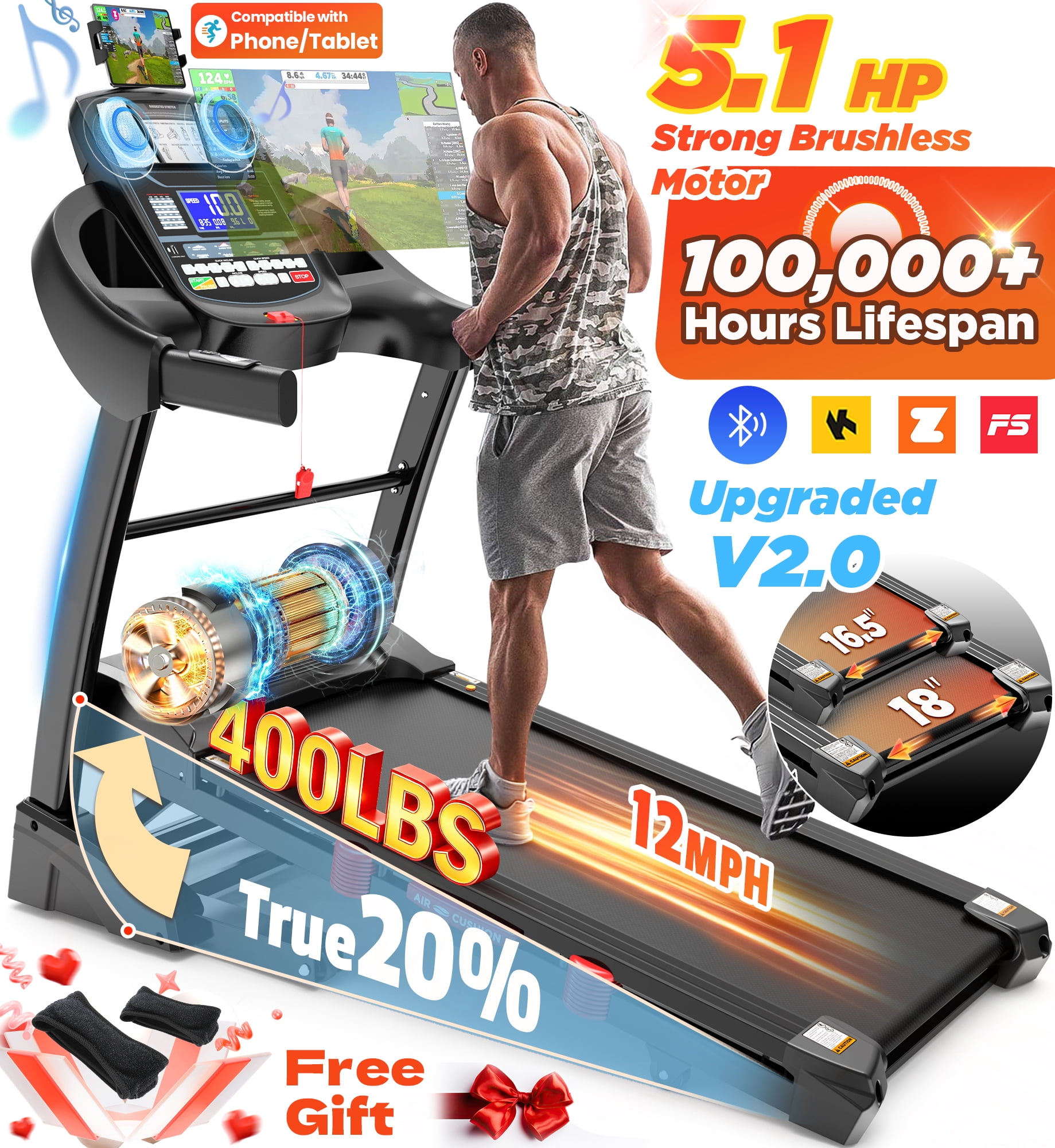 Superfit 3.75HP Electric Folding Treadmill, 15% Auto Incline, 12