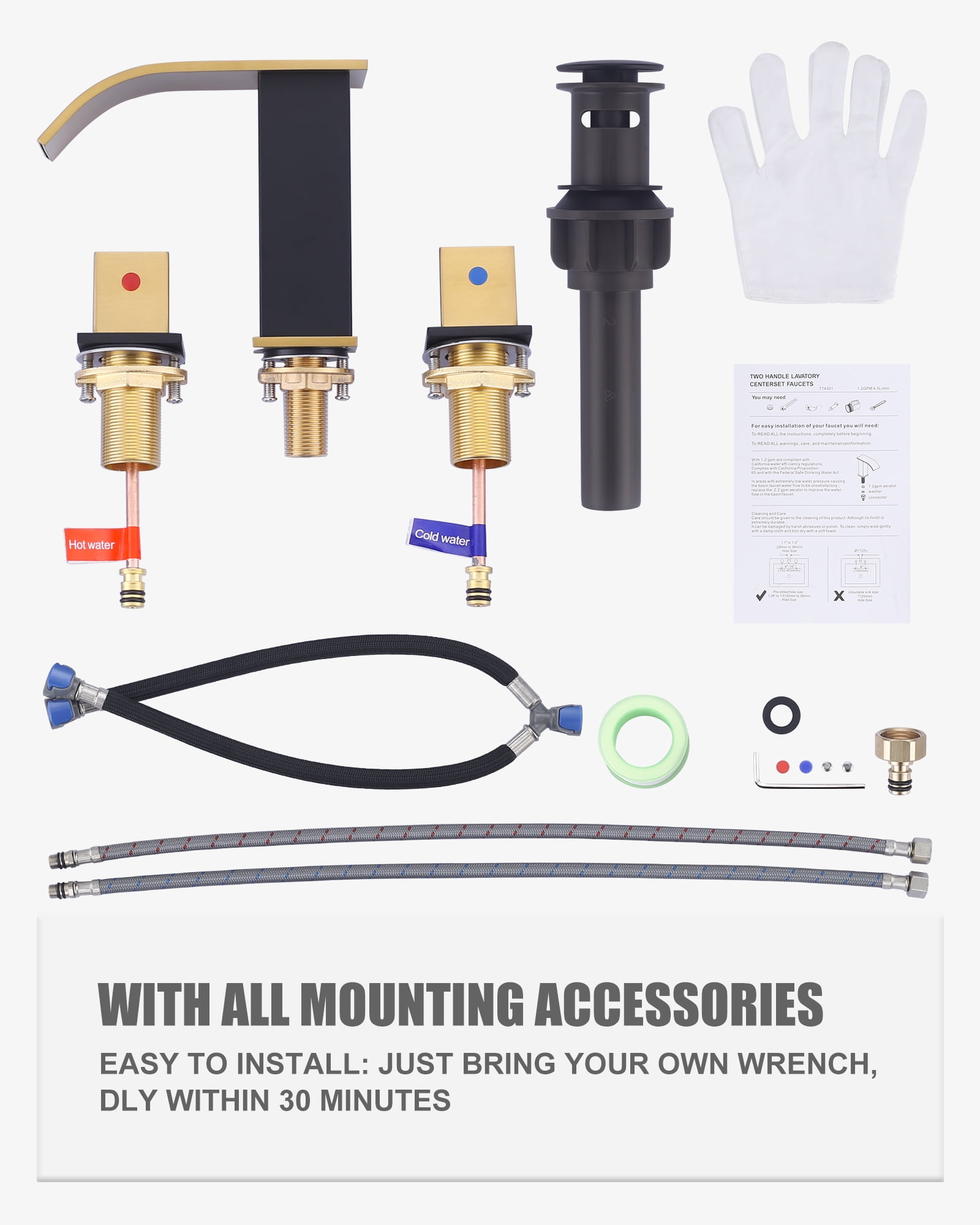 Wowow 8 in. Widespread Double Switch Waterfall Bathroom Faucet with Pop-up Drain in Black and Gold