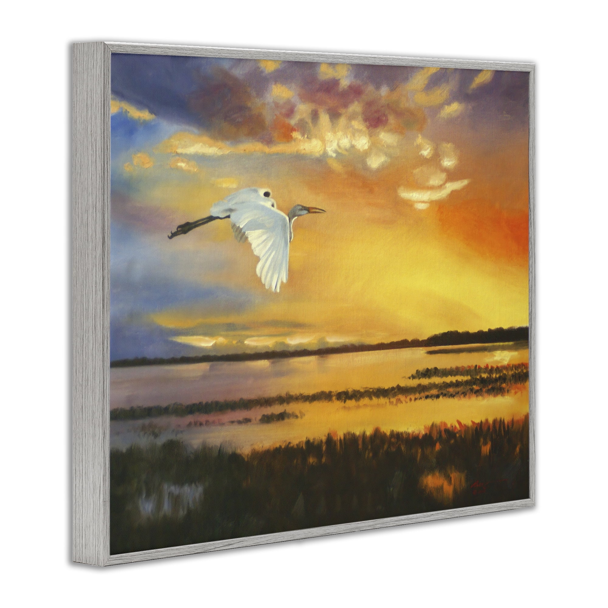 Stupell Industries Bird over Sunlit Pond Landscape Painting Gray Framed Art Print Wall Art, 20 x 16