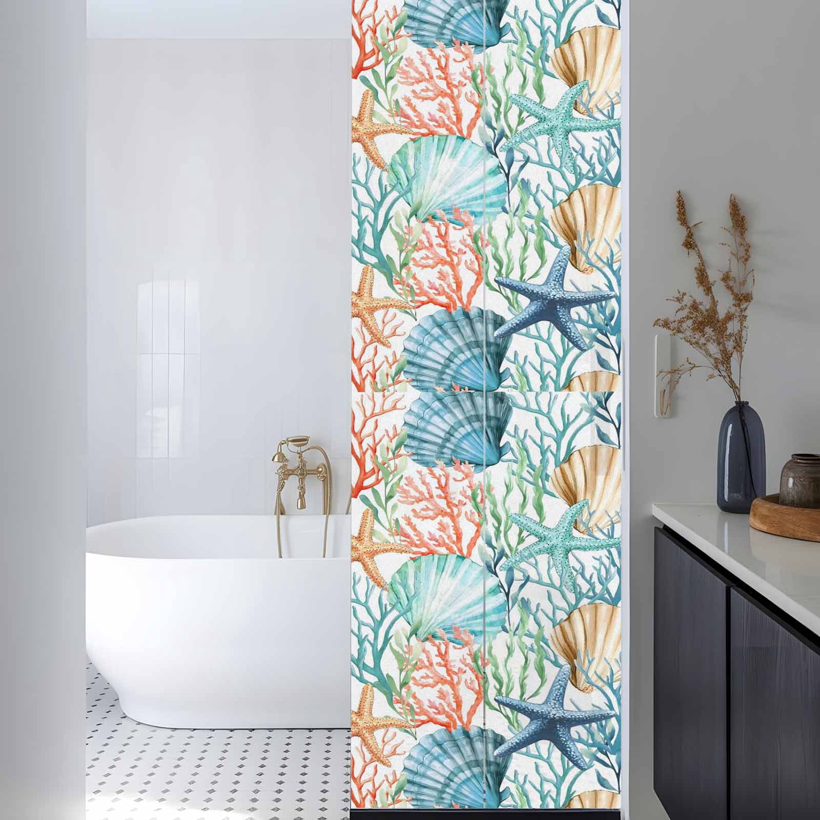 Shell Starfish Window Privacy Film, Summer Green Orange Seaweed Nautical Frosted Glass Window Clings Static Cling UV Heat Blocking Reusable Door Sticker for Bathroom 29.5 x 118 Inch