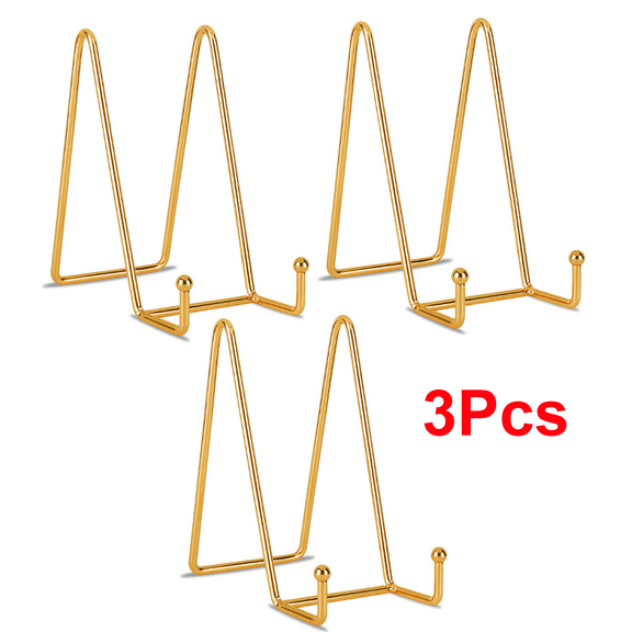3 Pack 6 Inch Gold Plate Stands for Display, Metal Square Wire Easel Stand, Picture Frame Stands for Display Photos, Decorative Platter, Plaques and Table Arts