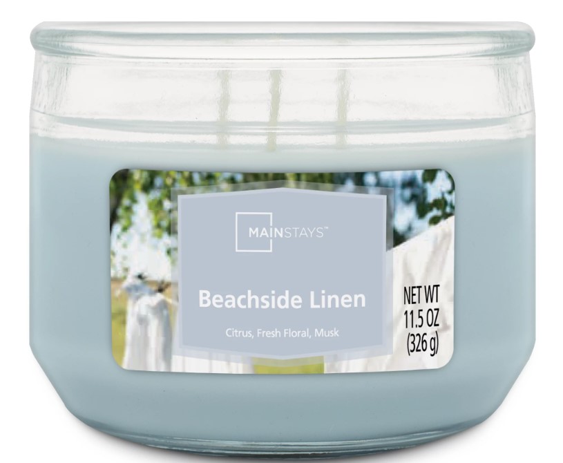 Mainstays 3-Wick Glass Jar Candle, Beachside Linen, Blue, 11.5 oz