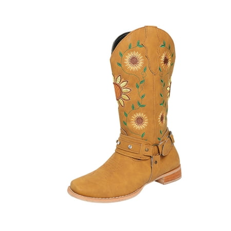 

UKAP Women Riding Casual Chunky Cowgirl Boot Ladies Outdoor Non-slip Embroidered Floral Mid Calf Boots Yellow 7