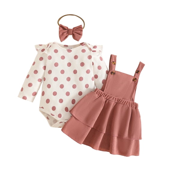 Outfits for Girls Ruffle Polka Dot Print Long Sleeve Crew Neck Onesie And Overall Skirt Headband 3 Piece Casual Wear Baby Girls' Clothing Sets 9 Months-12 Months