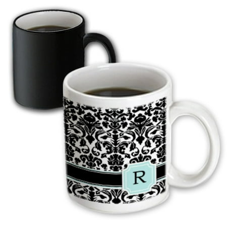 

3dRose Letter R personal monogrammed mint blue black and white damask pattern - classy personalized initial - Magic Transforming Mug 11-ounce
