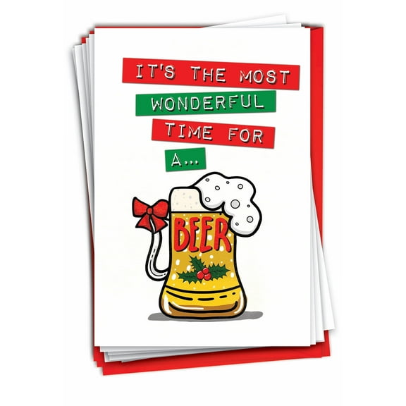 Pack of 12 Merry Christmas Cards Funny (1 Design, 12 Cards) - Beer Time C7072XSG-B12x1