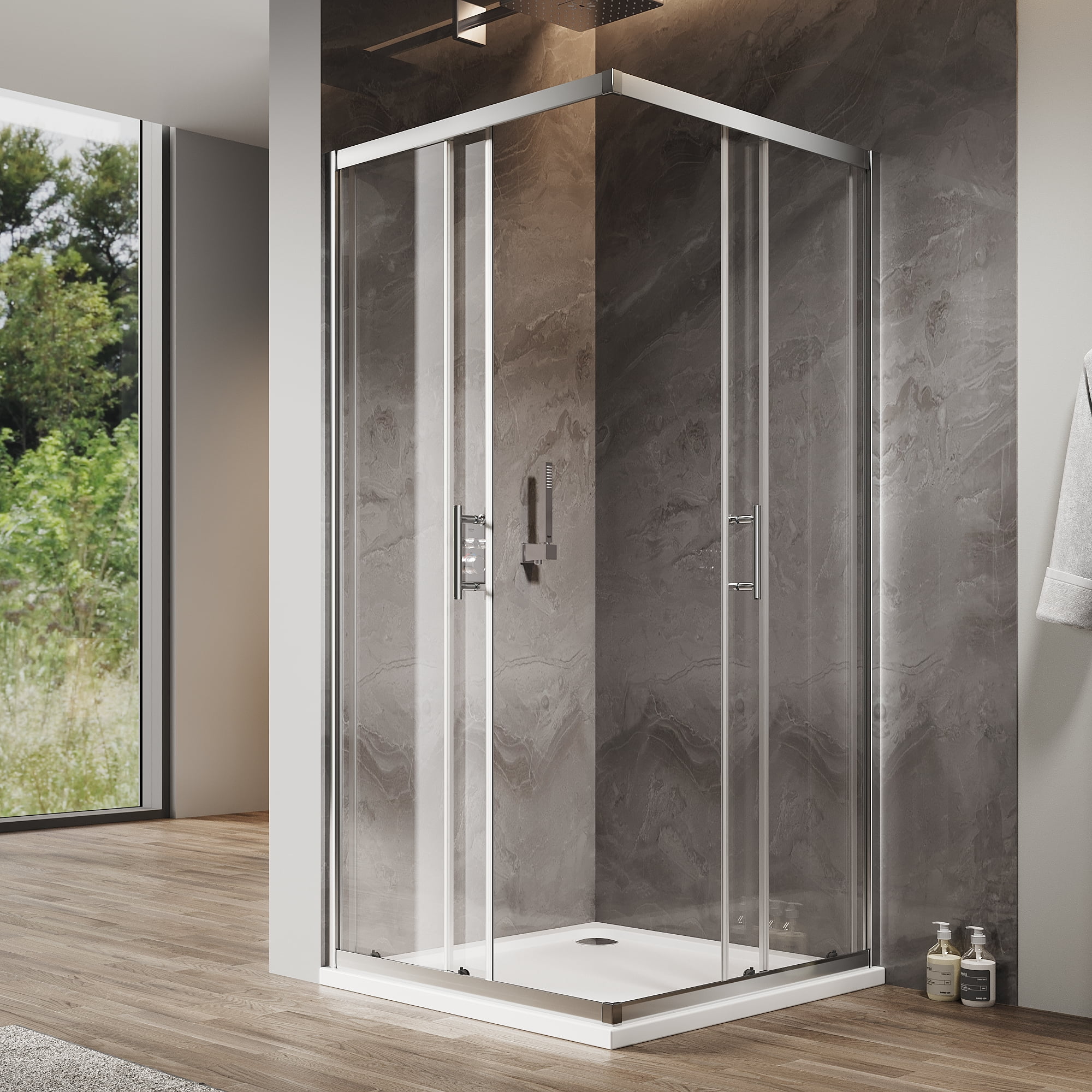 Sunny Shower 34" x 34" x 72" Corner Entry Shower Enclosure with Sliding Doors, Bright Silver Finish