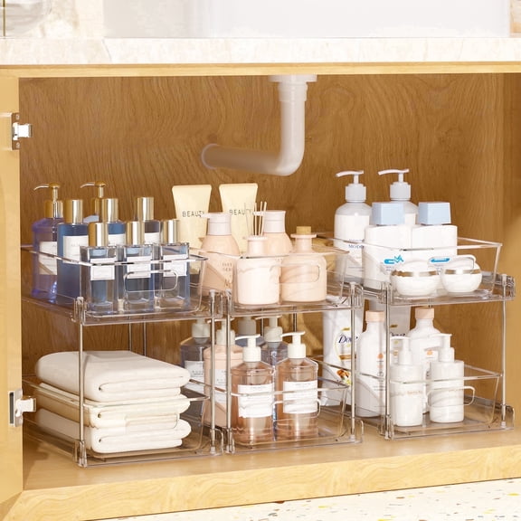 Sindcom 3 Pack Bathroom Plastic Storage Organizer, 2 Tier Clear Under Sink Organizers Vanity Countertop Storage Container