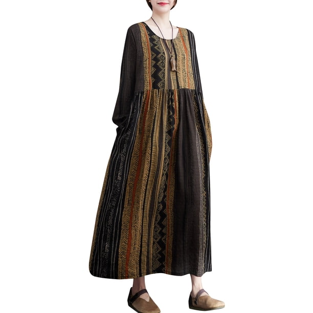 Vestido suelto de mujer con bolsillos Manga larga Impreso Vintage Casual Vestido de vacaciones Irfora Vestido