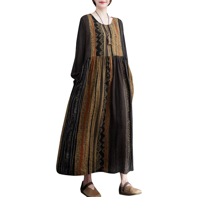 Vestido suelto de mujer con bolsillos Manga larga Impreso Vintage Casual Vestido de vacaciones MABOTO Vestido