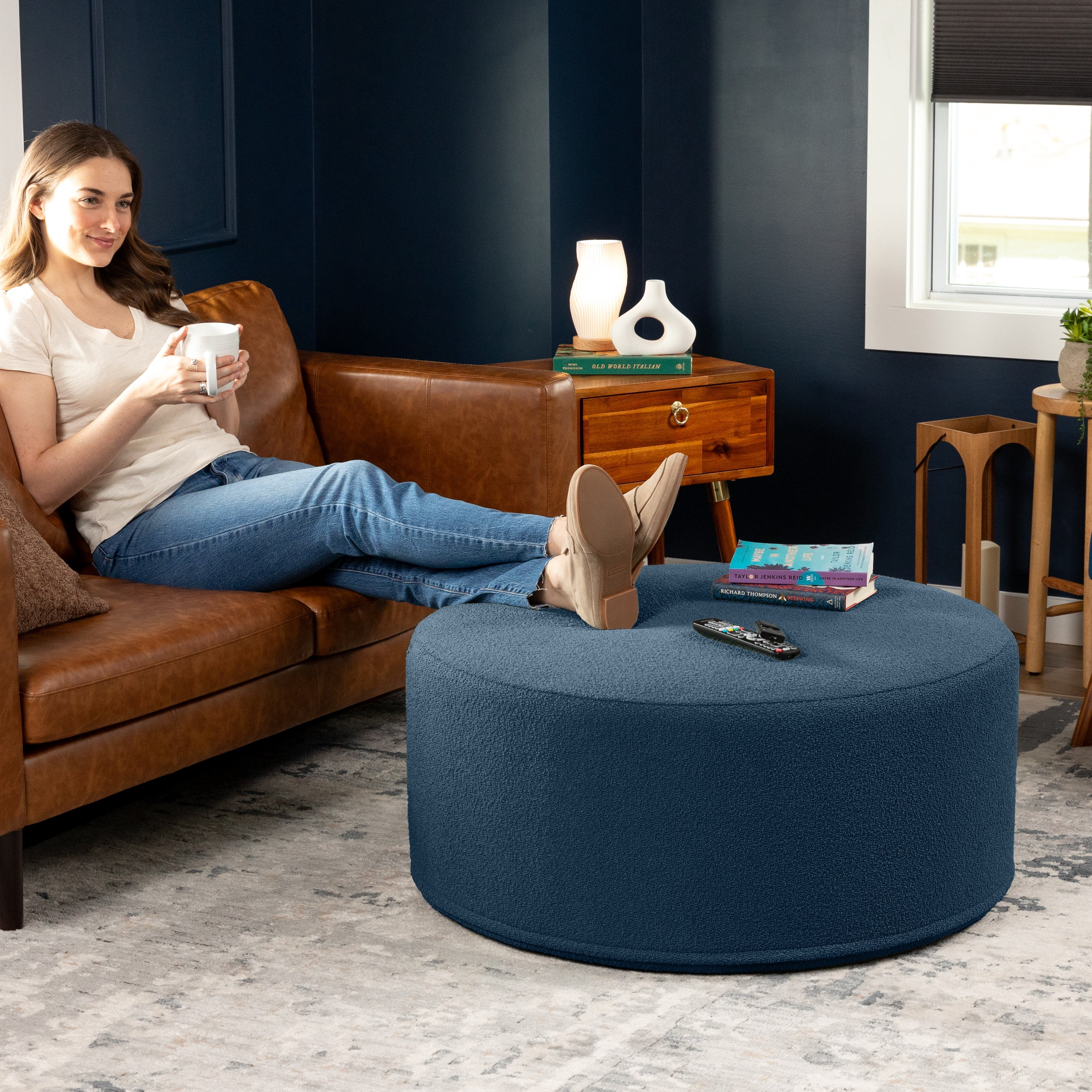 Jaxx Candler Round Coffee Table Ottoman, Large, 36-Inch, Boucle Navy