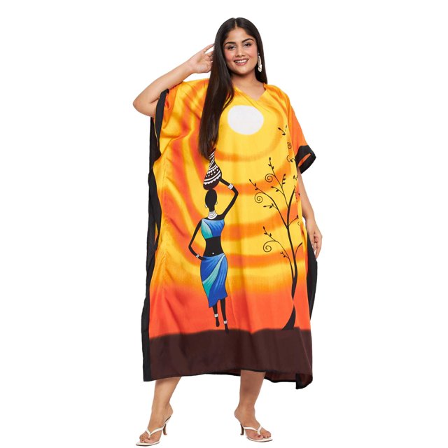 Oussum Robes Longues Kaftan Tribales Orange en Polyester Grande Taille pour Femmes