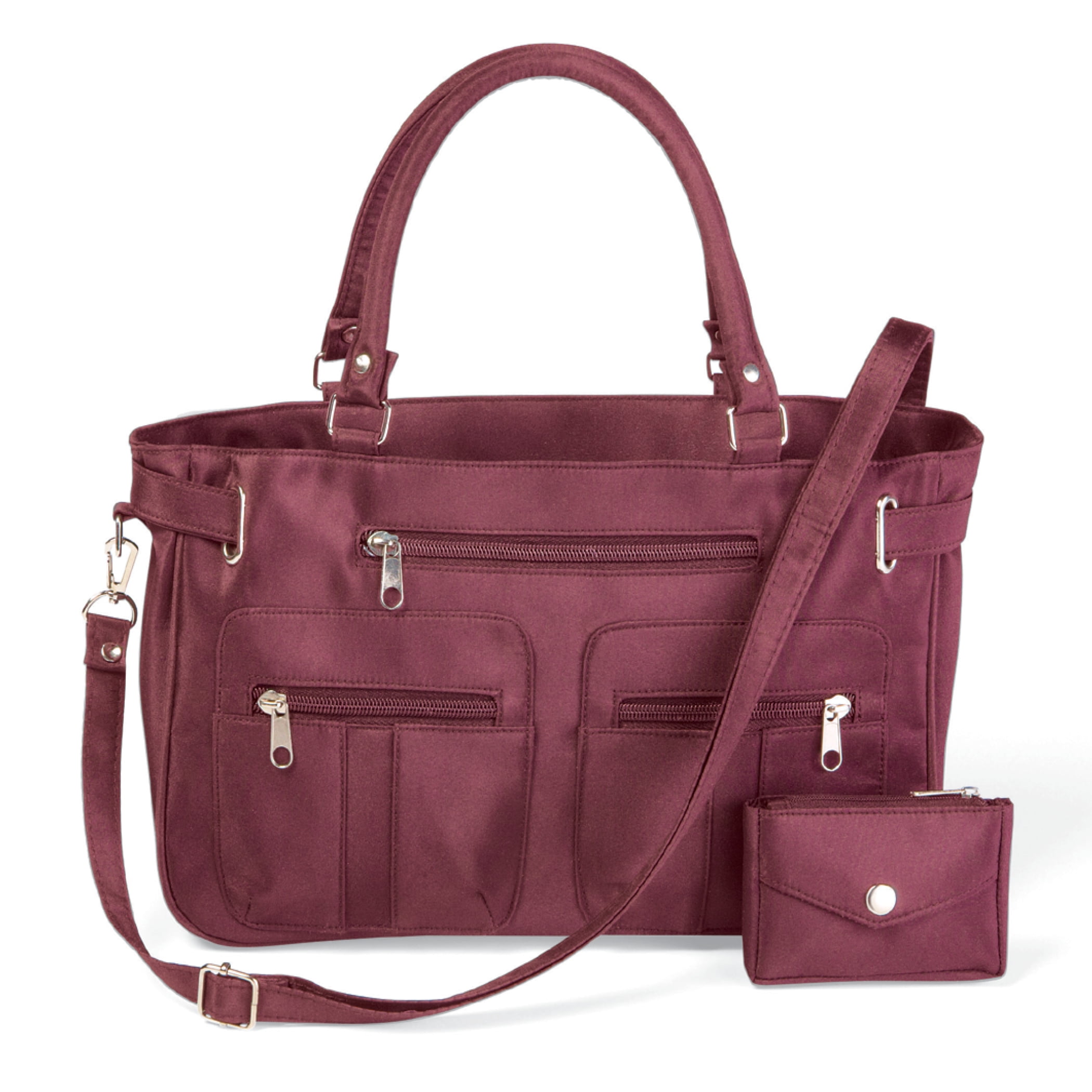 Collections Etc Women s Stylish Double Handle Zippered 6 Pocket Microfiber Handbag and Matching Coin Purse Burgundy One Size Walmart