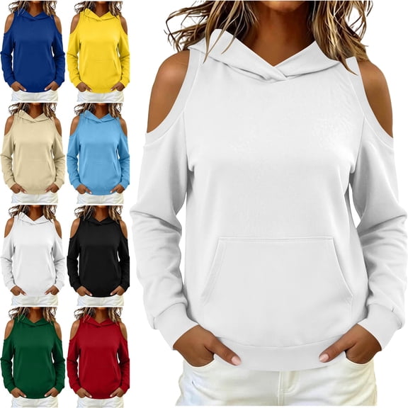 SYwaren Off Shoulder Sweatshirt for Women Pullover Hoodie Cutout Long Sleeve Casual Solid Color Fall Winter