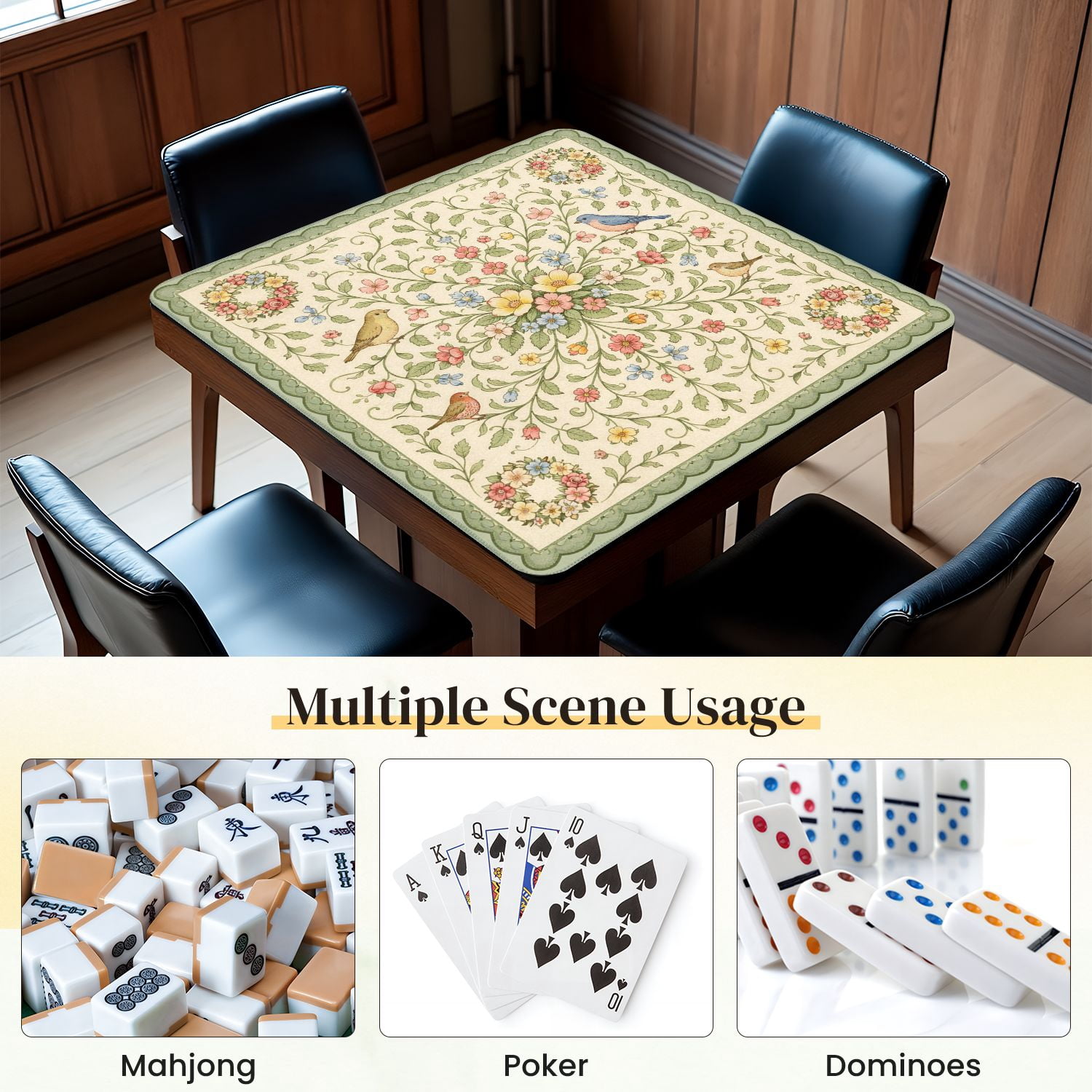 Mahjong Mat 31.5" x 31.5" Floral Vintage Birds Delicate Flowers Non-Slip Noise Reduction Mahjong Tiles Table Cover for Dominoes Poker Card Board and Tile Games