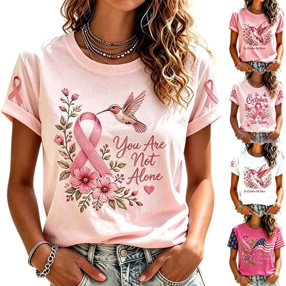 IMENGL Short Sleeve Top for Womens Basic Breast Cancer Ribbon Breast Cancer Support Cancer Awareness Tee Casual Loose Women's Short Sleeve T Shirt,M-XXXXXL
