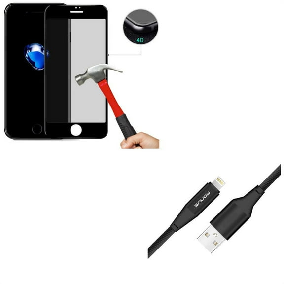 iPhone 8/7/6S/6 - Tempered Glass Privacy Screen Protector w Charger Cord 10ft USB Cable - Curved Anti-Spy Anti-Peep 4D Edge Case Friendly, Power Wire Braided Long Sync for iPhone 8/7/6S/6