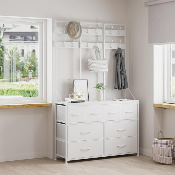 MYXSRI Armario, estantería, cómoda, tocador con almacenaje, mueble de almacenaje con 8 cajones de tela y percheros Capa(Blanco)