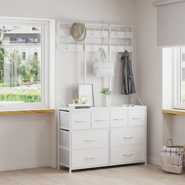 MYXSRI Armario, estantería, cómoda, tocador con almacenaje, mueble de almacenaje con 8 cajones de tela y percheros Capa(Blanco)