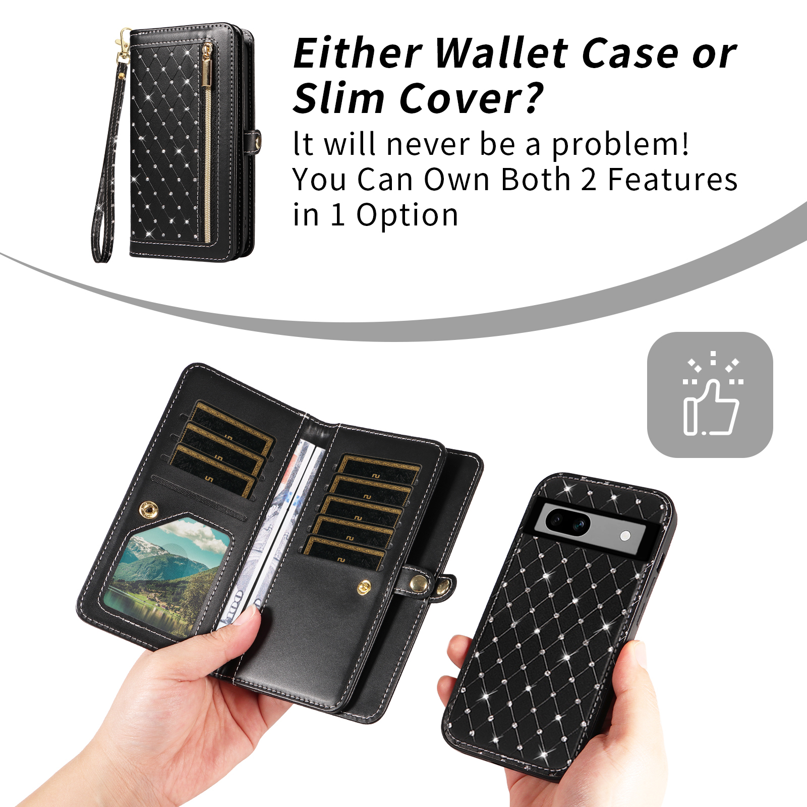 Asuwish Phone Case for Google Pixel 7A 5G 2023 Zipper Wallet Detachable Cell Cover with Tempered Glass Screen Protector Crossbody Lanyard Strap Bling Glitter Flip Card Holder Slot Pixel7A A7 Black