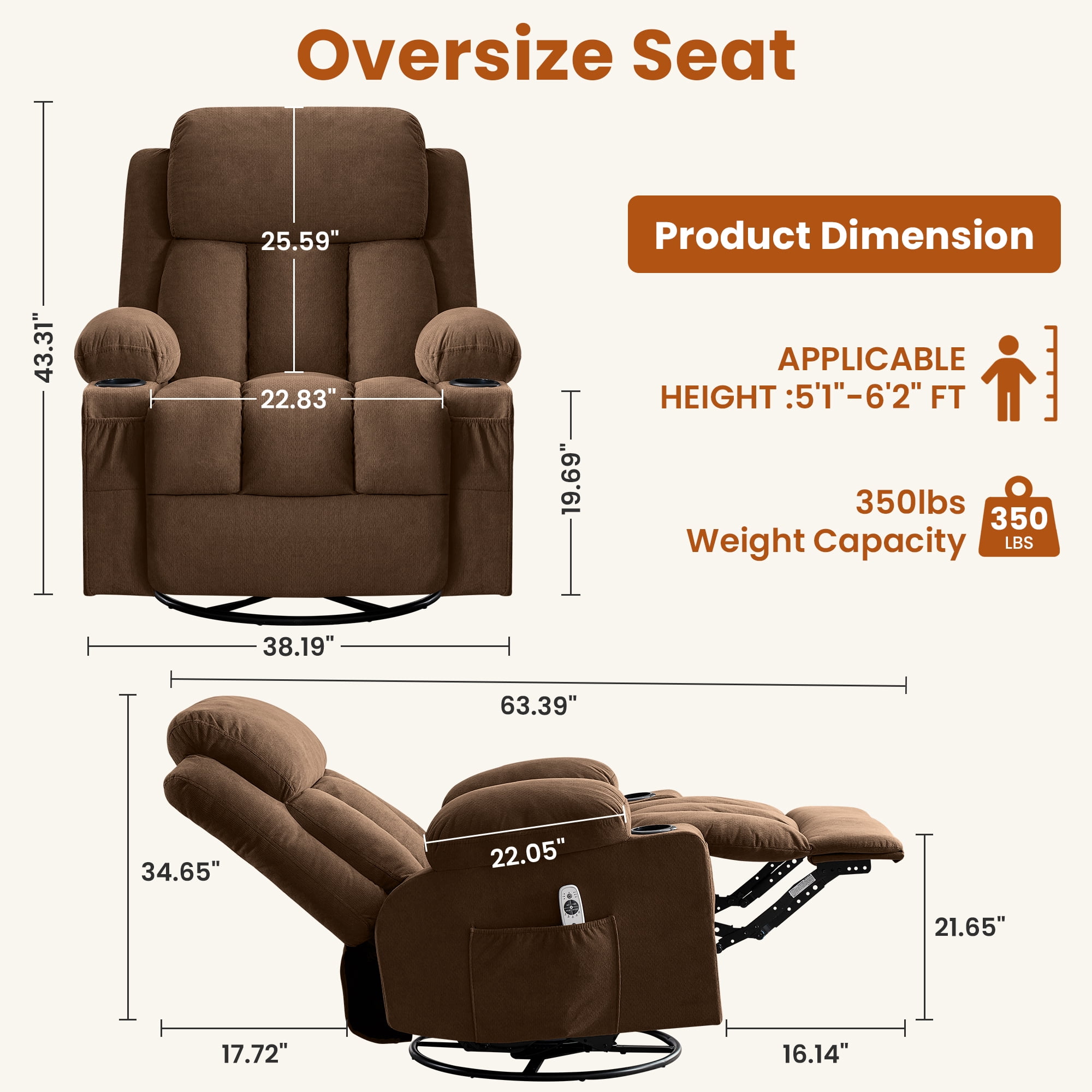Alvantor Swivel Recliner Chair with Massage & Heat for Adults, Single Rocker Sofa with Cup Holders for Bedroom Home Theater Brown