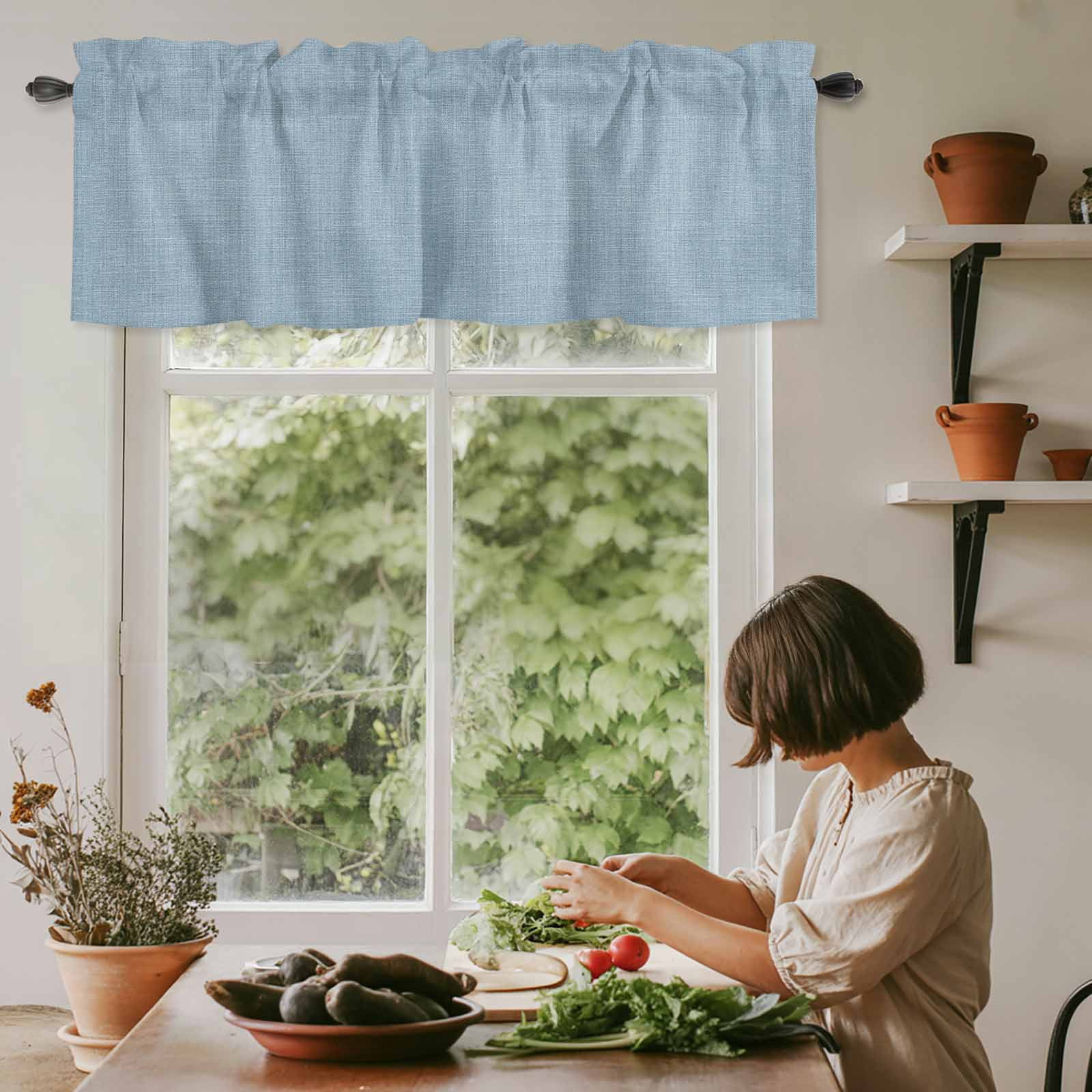 Vintage Sky Blue Rod Pocket Curtain Valance, Farmhouse Retro Solid Color Linen Texture Farmhouse Window Valance for Living Room, Bedroom, Kitchen 42"W x 12"L