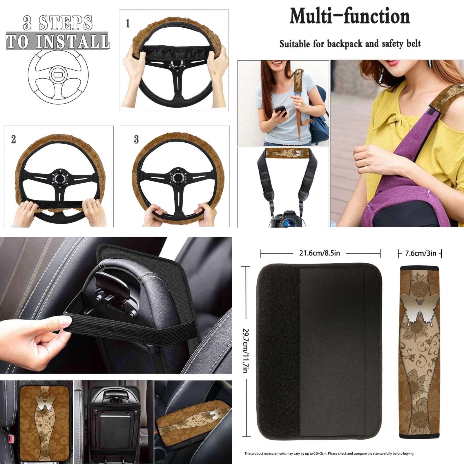 Jeiento Butterfly Car Seat Cover Full Sets Floor Mats Seat Belt Cover Armrest Cover Coaster Keychian Lipstick Holder Automobile Interior Accessories Universal Fit for Truck SUV Sedan 17 Pack