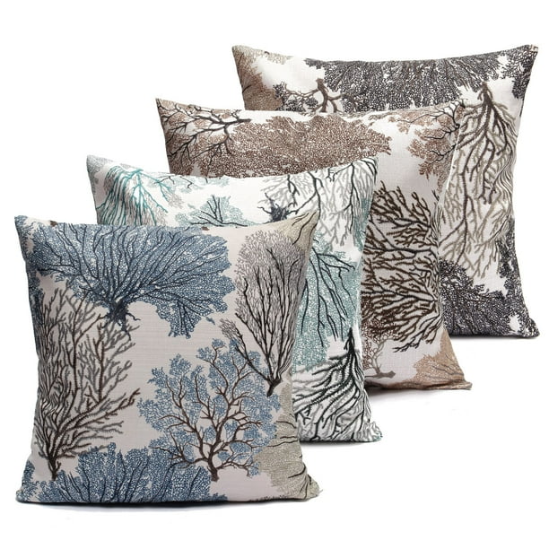 1 4 Pcs Pillow Case Soft Decorative Pillows Case Cushion Cover Cotton Linen Vintage Trees Black Brown Blue Green For Bed Office Living Room Sofa 17 7x17 7 Inch Walmart Com Walmart Com