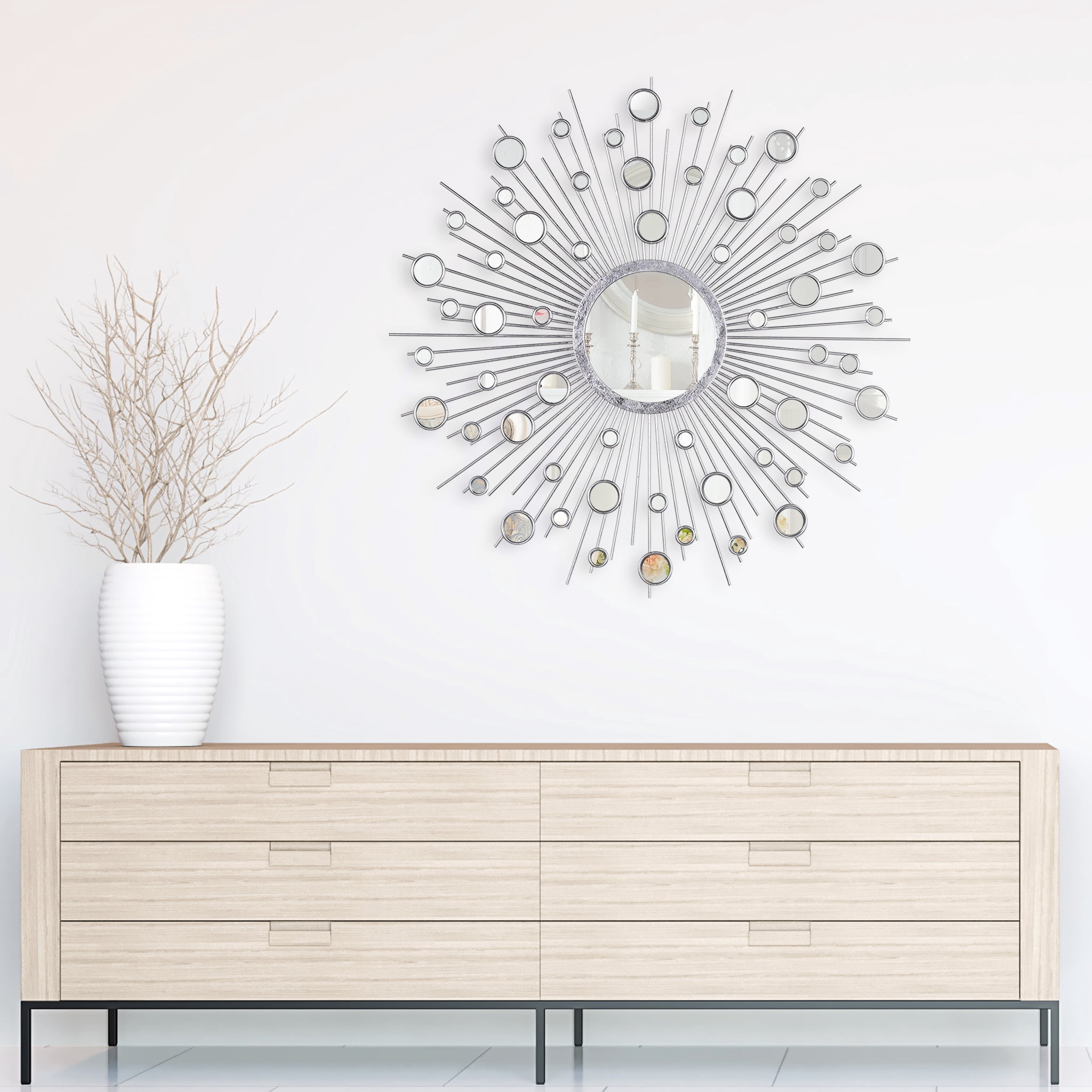 Empire Art Direct Milkyway I Sunburst Silver Round Wall Mirror, 36" x 36", Ready to Hang