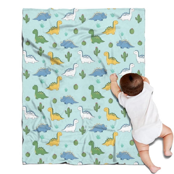 LightBlue Cartoon Dinosaurs Cacti Pattern Blanket,Comfortable Soft Flannel Throw Blanket,All Season,Warm Lightweight Blankets for Sofa Bed Couch Living Room Chair,30"x40"