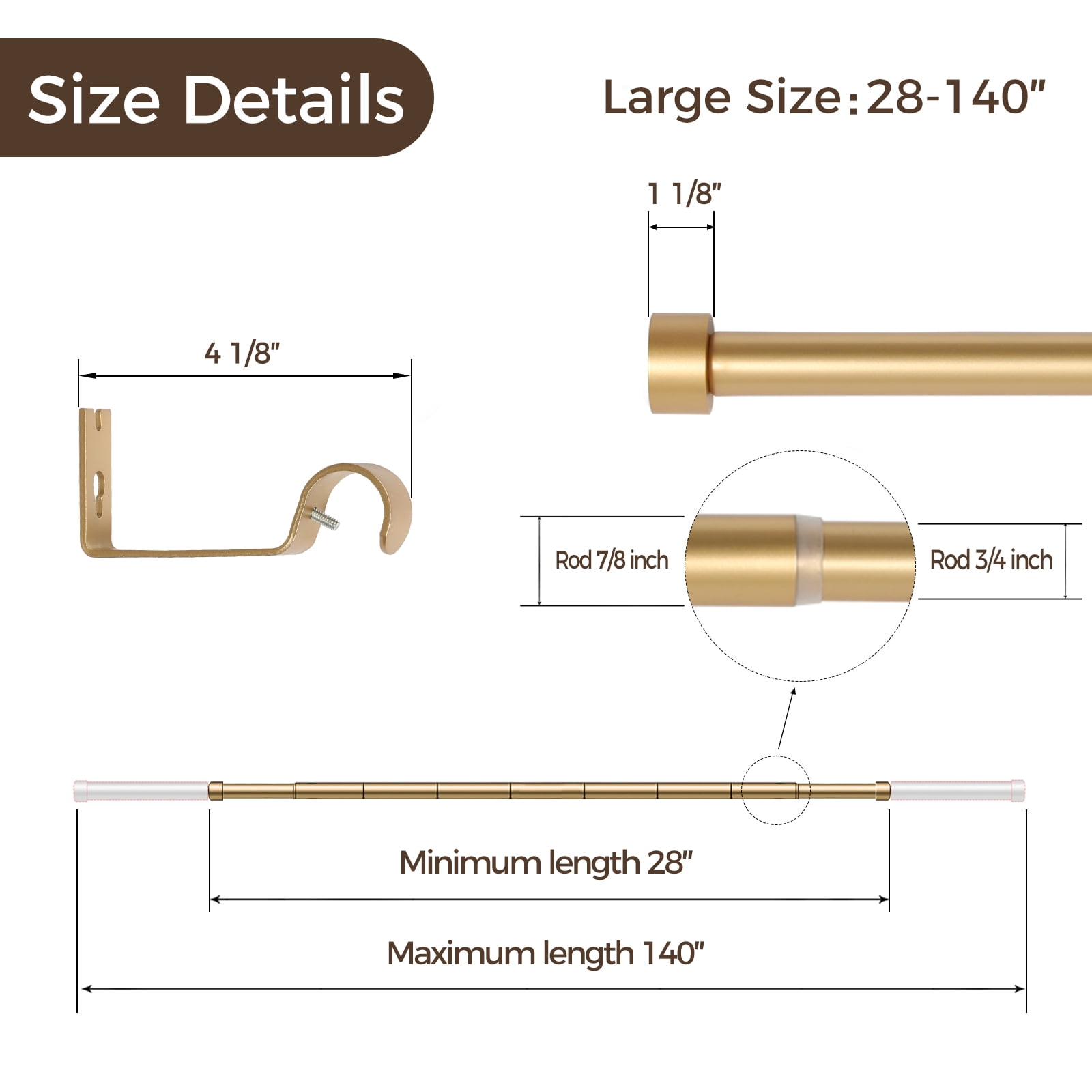 TWOPAGE Jaylon Adjustable Gold Curtain Rod for 28-140 Windows, Heavy-duty carbon steel curtain rod with curtain rings
