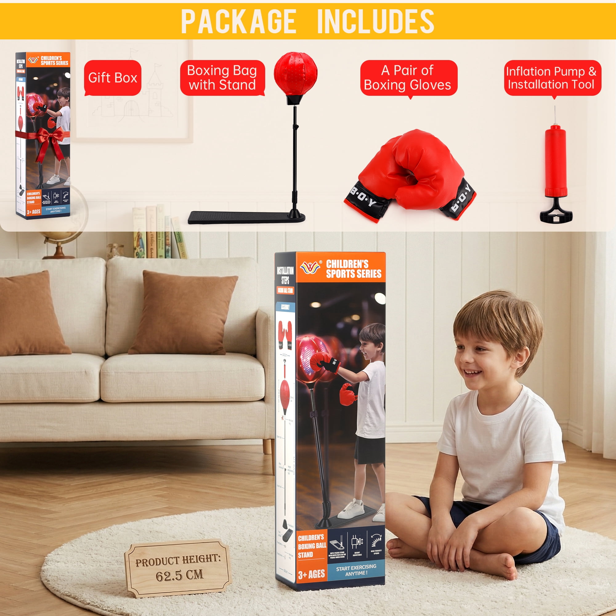 Lighting Punching Bag for Kids, Height Adjustable Punching Bag Stand with Boxing Gloves for Teens Children Boys & Girls Age 8+ Years Old, Kids Workout Equipment for Christmas Birthday