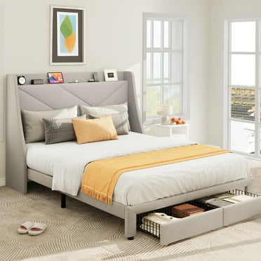 Uforic Queen Size Simple Assembly Bed Frame with Storage Drawers and Charging Ports, Perfect for Adult, Beige
