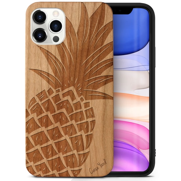 Case Yard Wooden Case Outside Soft TPU Silicone, Slim Fit Shockproof Wood Protective Phone Cover for Girls Boys Men and Women, Supports Wireless Charging Pineapple Design case for iPhone-12/12-Pro