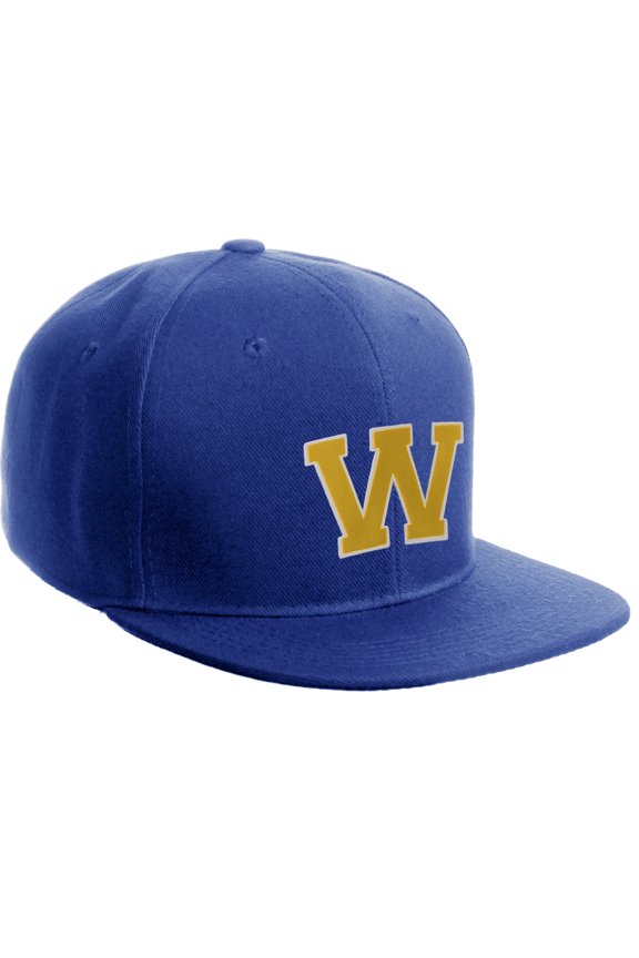 Classic Snapback Hat Custom A to Z Initial Raised Letter, Royal Cap White Gold Letter Initial W