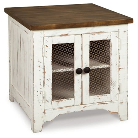 Signature Design by Ashley Wystfield Farmhouse End Table with Storage, Distressed White & Brown Finish