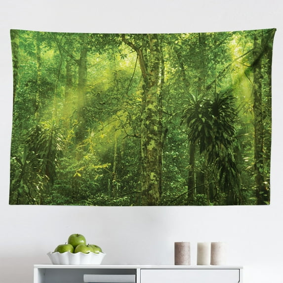 Rainforest Tapestry, Waterfall in Tropic Rainforest Sunny Vacation Fresh Lake Waterscape, Fabric Wall Hanging Decor for Bedroom Living Room Dorm, 2 Sizes, Turquoise Green Brown, by Ambesonne