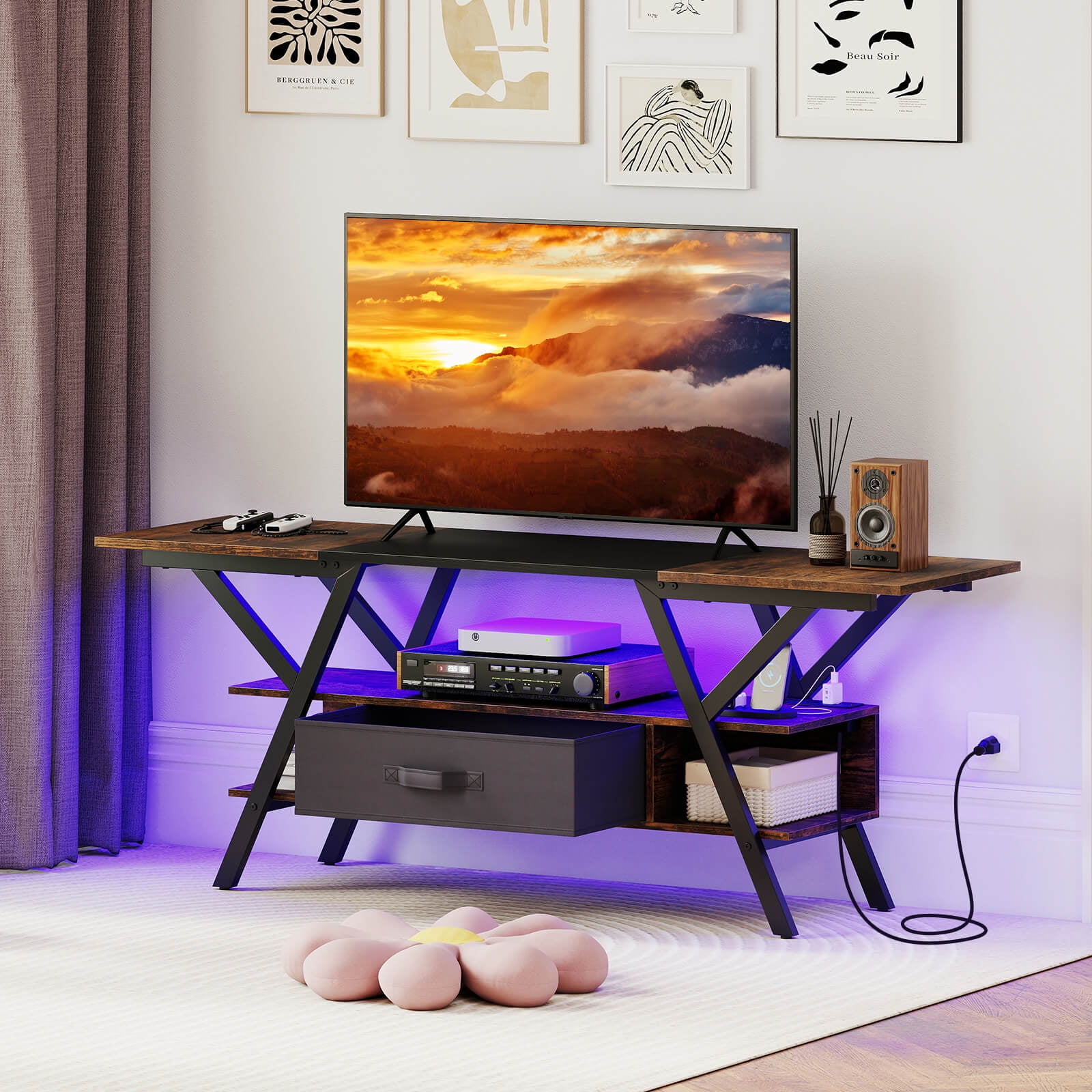 Costway 3-Tier TV Stand with Power Outlets for 65” TVs, LED Lights & Remote Storage Shelves Brown