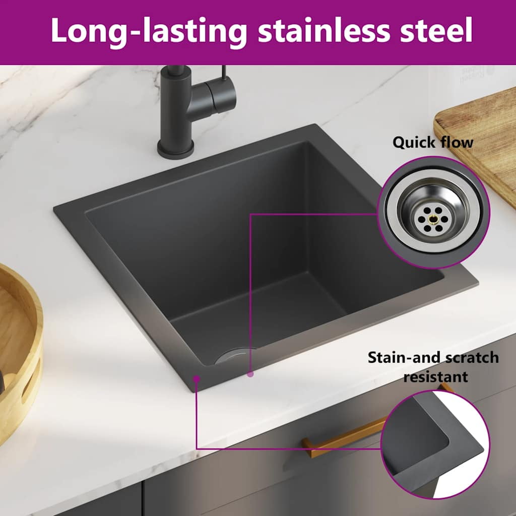 vidaXL 15.7-inch Kitchen Sink with Strainer, Top-Mount Sink Single Bowl, Black Stainless Steel vidaXL 15.7-inch Kitchen Sink with Strainer, Top-Mount Sink Single Bowl, Black Stainless Steel