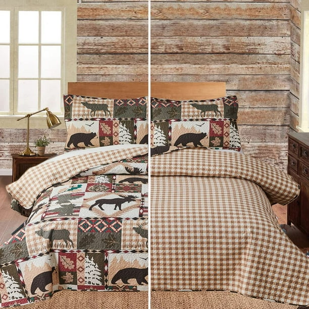 Smuge Cabin Bedding Quilt King Size Lodge Patchwork Set Rustic Bedspread Forest Coverlet Summer Lightweight Plaid Bed Cover Pillow Shams Com Smuge Cabin Bedding Quilt King Size, King Size Cabin Bedding